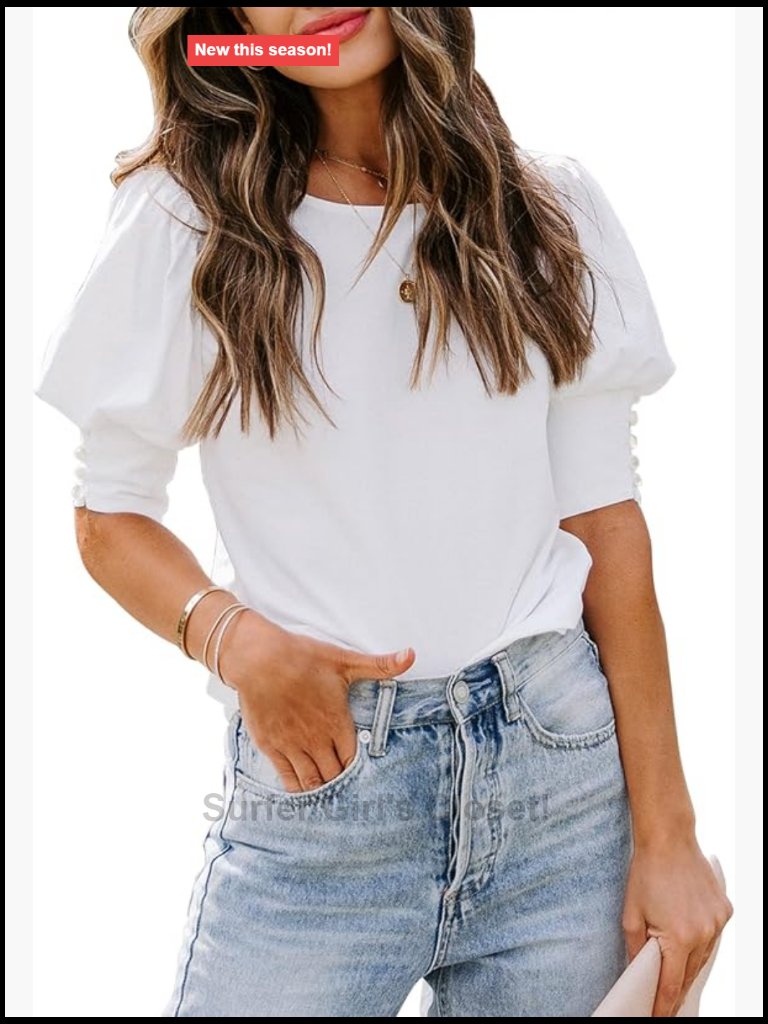 Puff Short Sleeve Blouse Dressy Casual Crew Neck T-Shirt